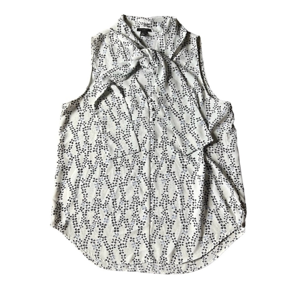 Ann Taylor White Sleeveless Tie-Neck Blouse with Black Leaf Print